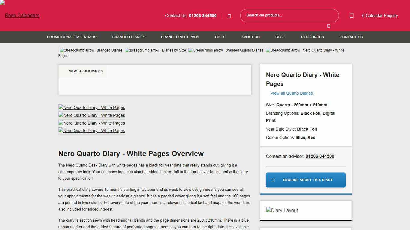 Nero Quarto Branded Diary - White Pages 2026 - Rose Calendars